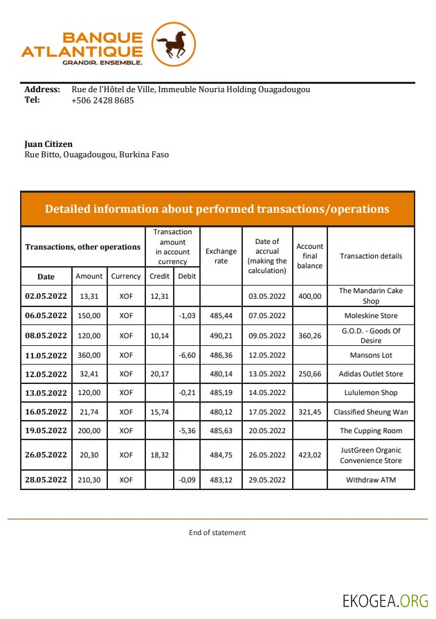 Relevé bancaire de la Banque Atlantique du Burkina Faso